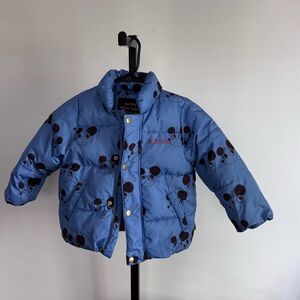 Mini Rodini Blue Kids Puffer Jacket with black mouse print size girl 4-5T